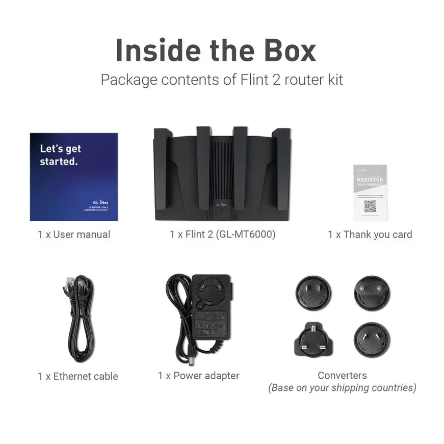 GL.iNet Flint 2 (GL-MT6000) home and office router, 8-Stream Wi-Fi 6 technology