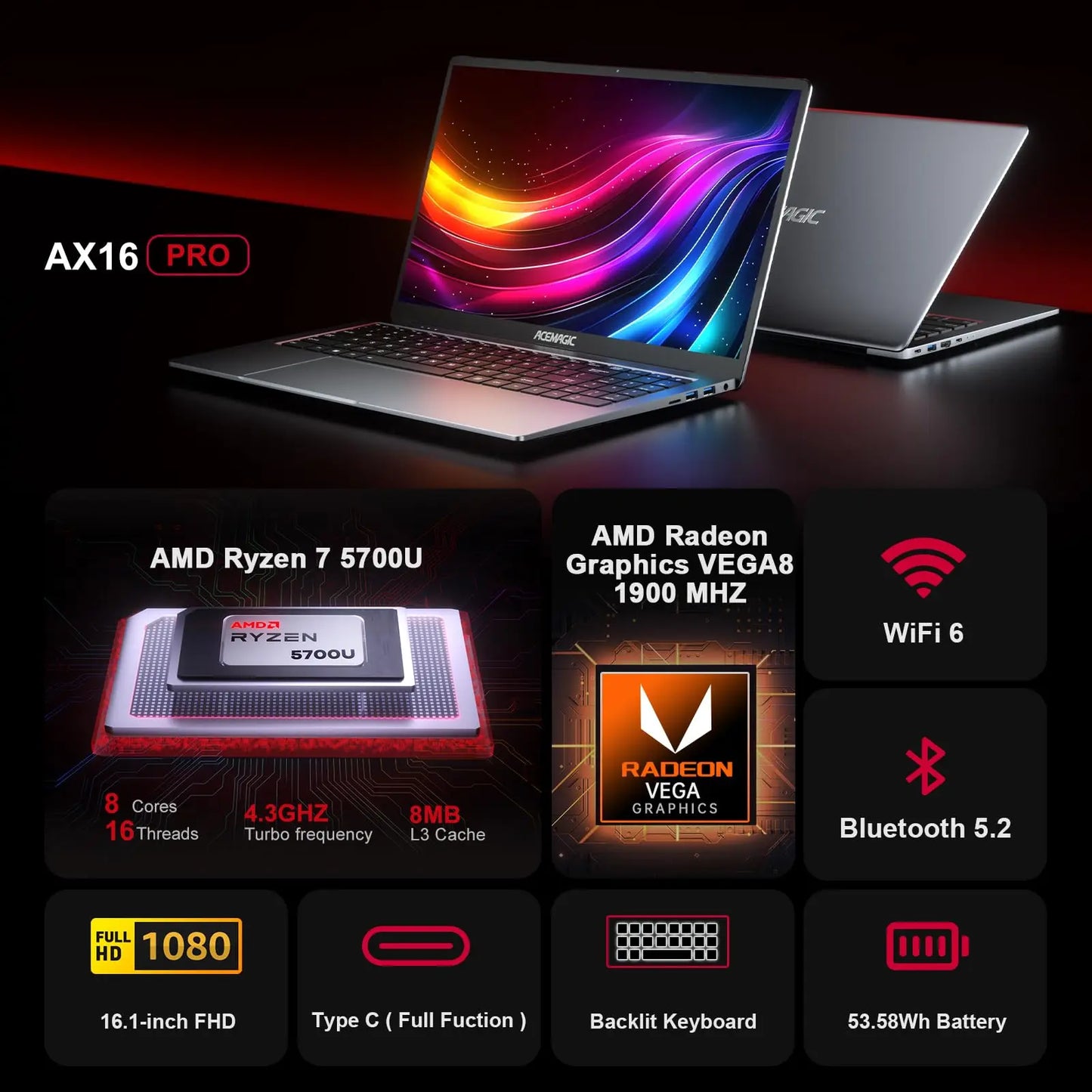 Gaming Notebook 16.1 FHD 1920*1080 16GB DDR4 512GB SSD AMD Ryzen 7 5700U Windows 11 Home