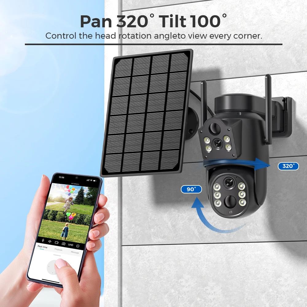4K HD Solar WiFi Camera Outdoor Built-in Battery Dual Lens