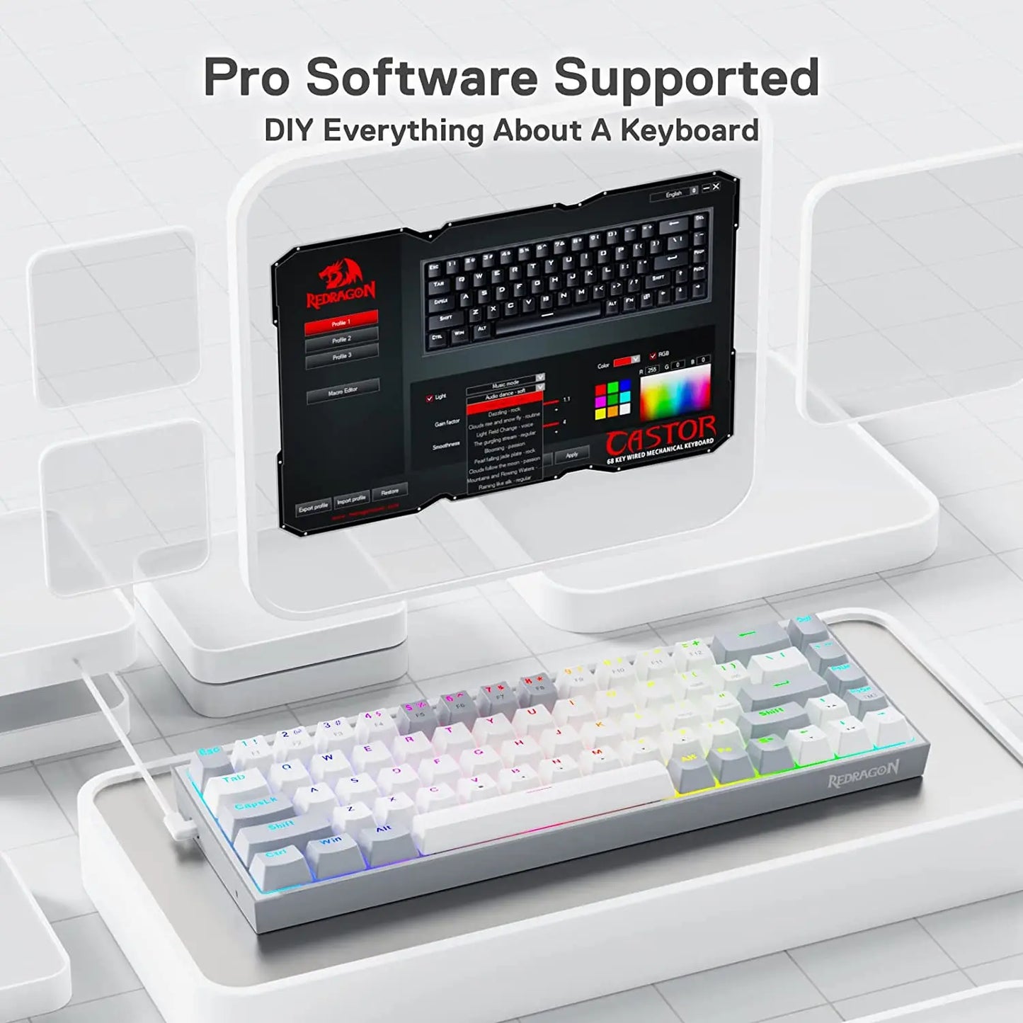 Redragon K631 Gery 65% Wired RGB Gaming Keyboard, Hot-Swappable