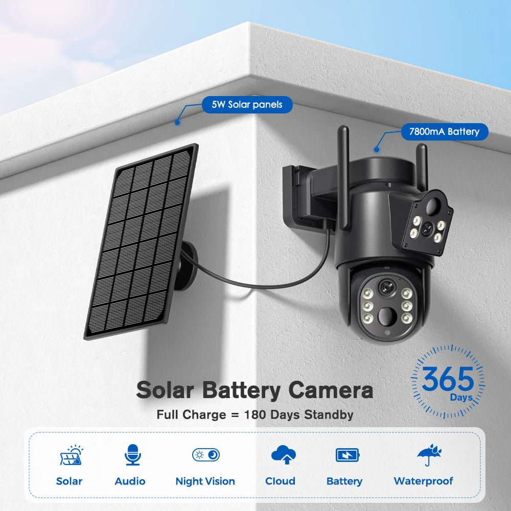 4K HD Solar WiFi Camera Outdoor Built-in Battery Dual Lens