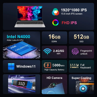 Intel Notebook 15.6" Ultra Slim Laptop Intel Celeron N4000 16GB RAM 1TB Windows 11 Pro
