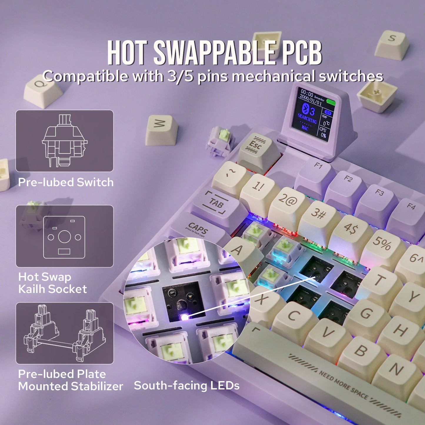 Hot-Swap Gasket-Mounted Wired/Bluetooth 5.0/2.4GHz Wireless Mechanical Keyboard with Mini Display/Knob