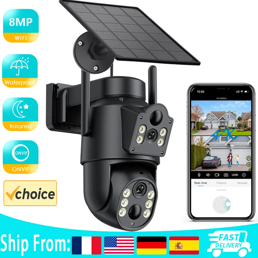 4K HD Solar WiFi Camera Outdoor Built-in Battery Dual Lens