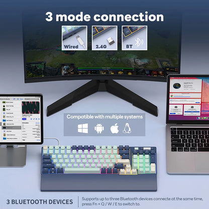 Tri-Mode BT5.0/2.4G/USB-C Hot-Swappable Mechanical Keyboard 96 Keys Bluetooth Wireless Gaming Keyboard