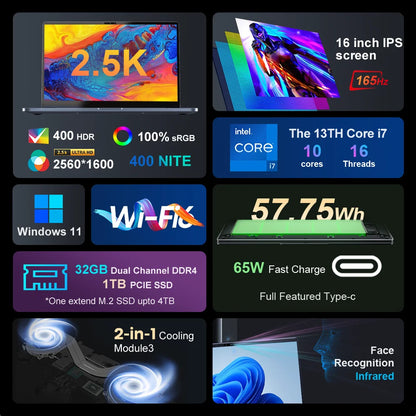 Ninkear  N16 Pro Laptops 16" 2.5K 165Hz Intel Core i7-13620H WiFi 6 32GB RAM  1TB SSD
