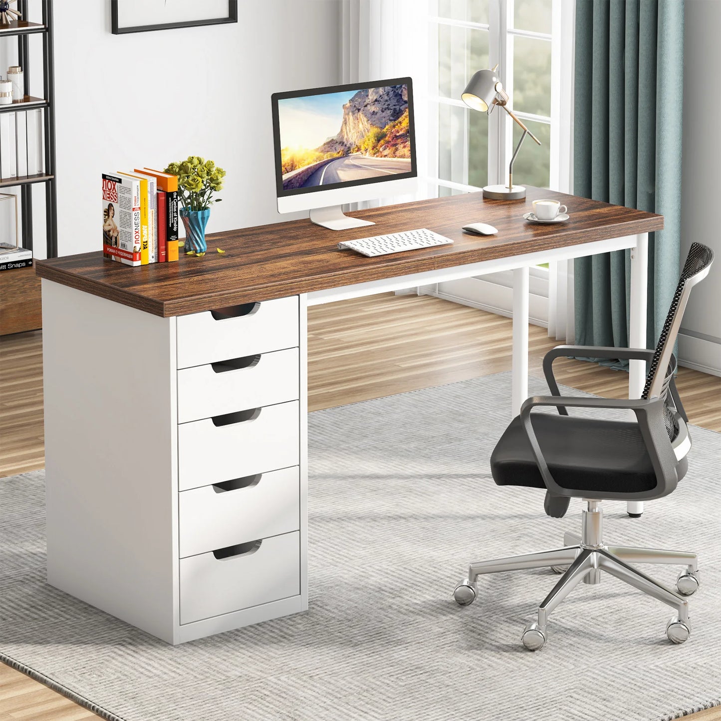 Tribesigns Computer Desk with 5 Drawers, 47 inches Rustic Brown