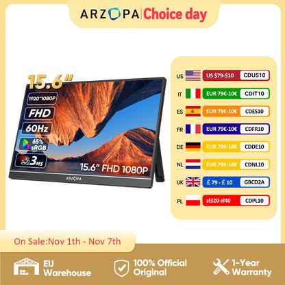 ARZOPA 15.6 inch Portable Monitor FHD 1080P IPS USB-C Mini-HDMI External Second Screen f