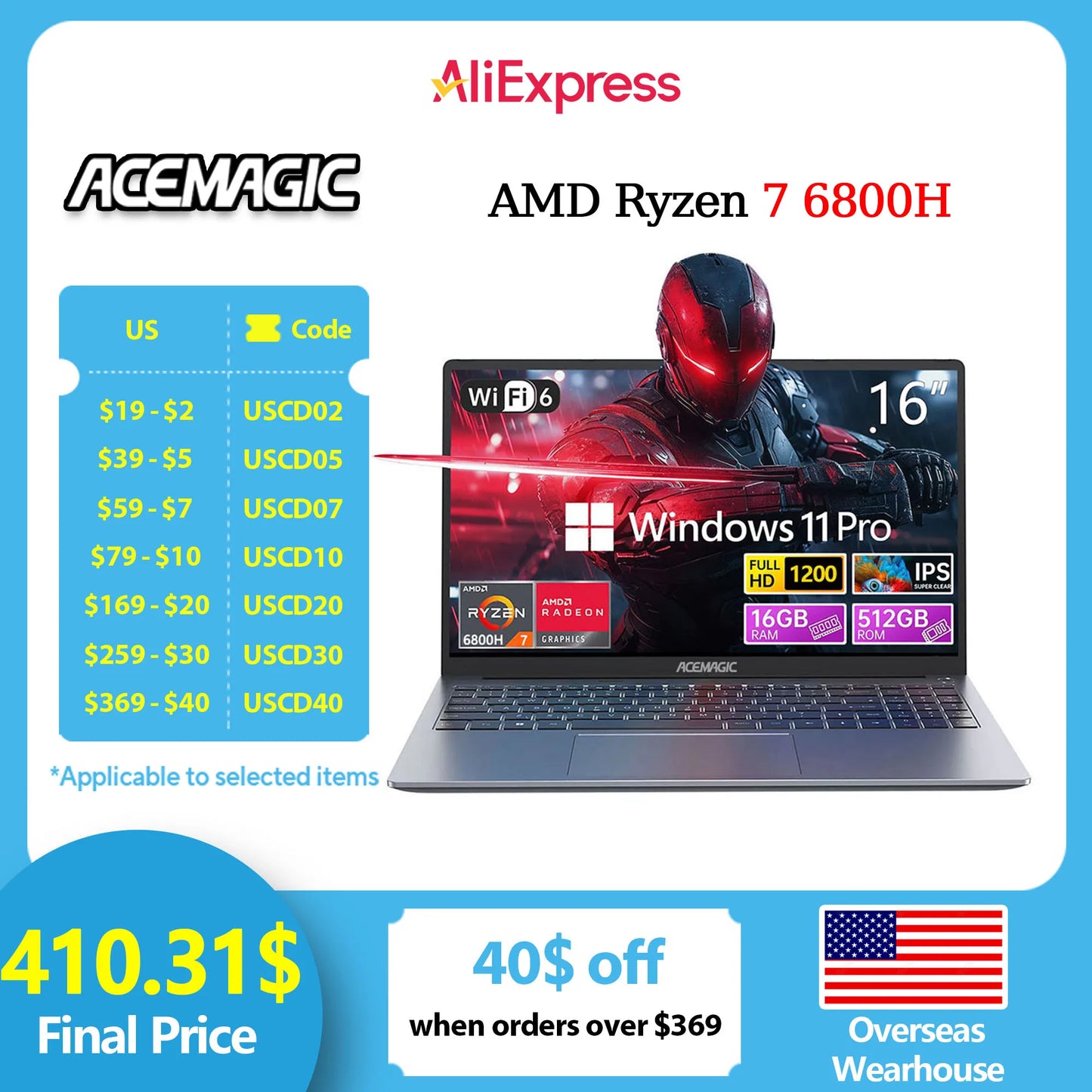 ACEMAGIC RX16 AMD Ryzen 7 6800H 16.1" Ultra Slim Laptop 16GB LPDDR5 Ram 512GB Rom Windows 11Pro