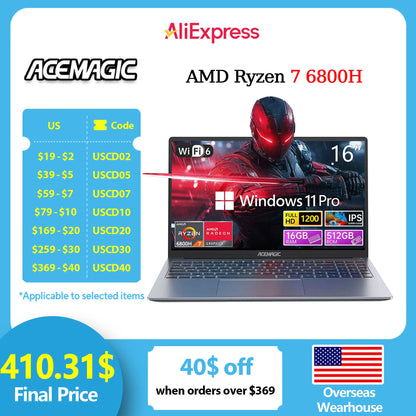 ACEMAGIC RX16 AMD Ryzen 7 6800H 16.1" Ultra Slim Laptop 16GB LPDDR5 Ram 512GB Rom Windows 11Pro